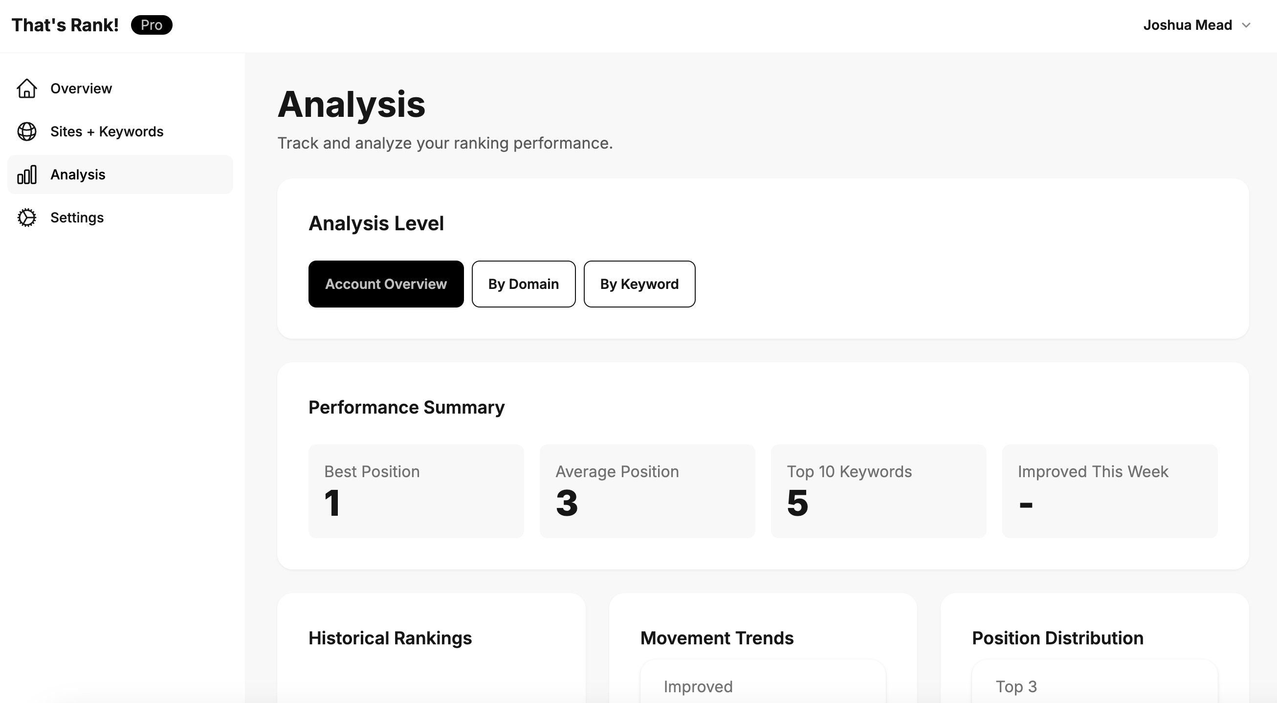 SEO Analysis and Insights Interface displaying detailed ranking data